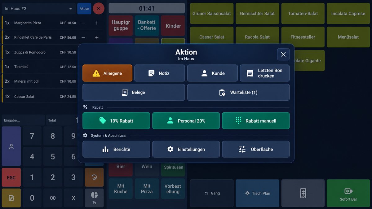 Menu azioni GastroCore su un ordine aperto: allergeni, nota, cliente, scontrini, sconto e rapporti