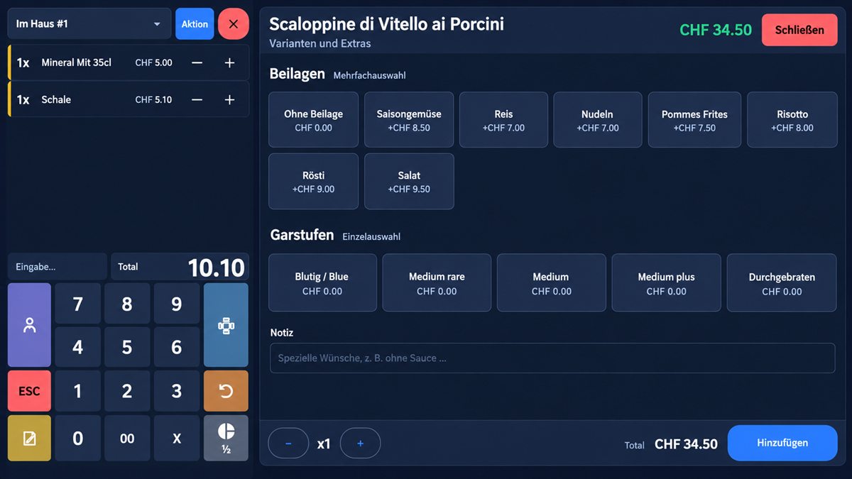 Varianti ed extra GastroCore per un piatto: contorni e cotture con supplementi in CHF, campo per una nota
